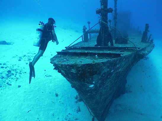Photo: Diver hovering on bow of 7-Screws Shipwreck
